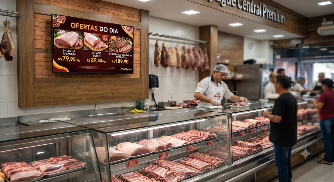 TV em um açougue exibindo as ofertas do dia (picanha, alcatra e fraldinha) com o TVBox Publi&com.