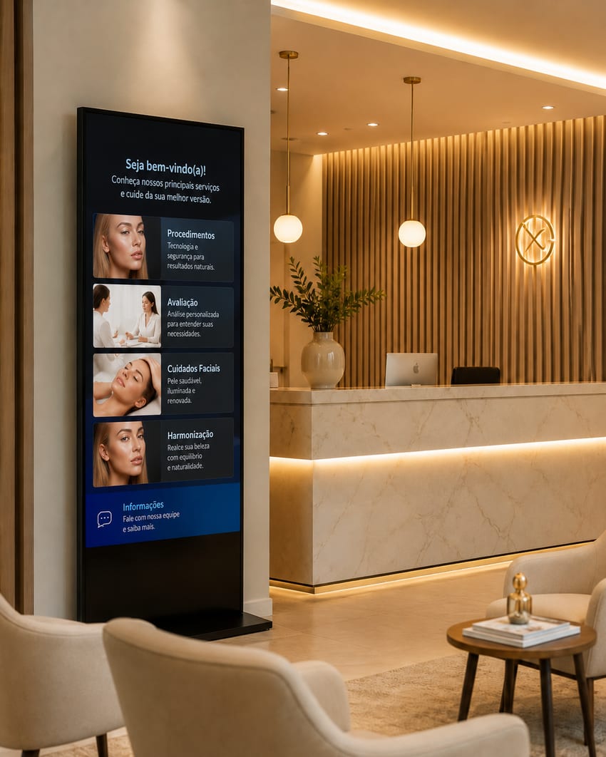 Totem digital na recepção de uma clínica exibindo serviços e mensagem de boas-vindas.