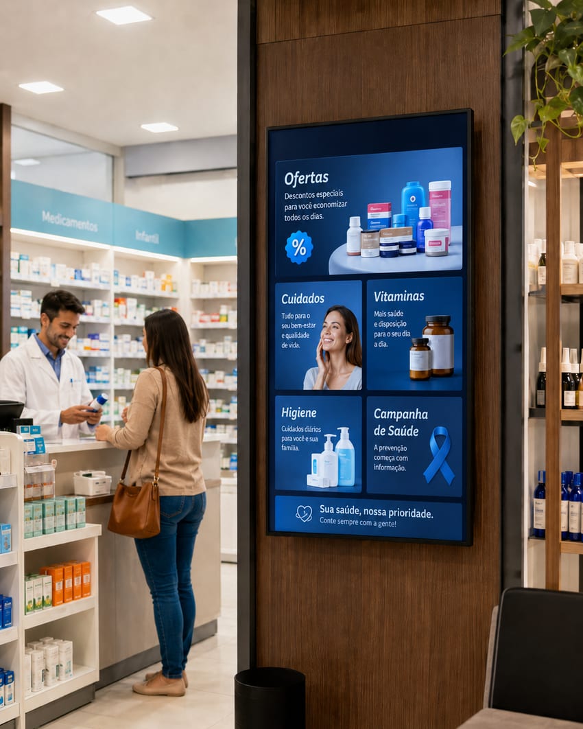 Totem digital em uma farmácia exibindo ofertas, cuidados e campanhas de saúde.