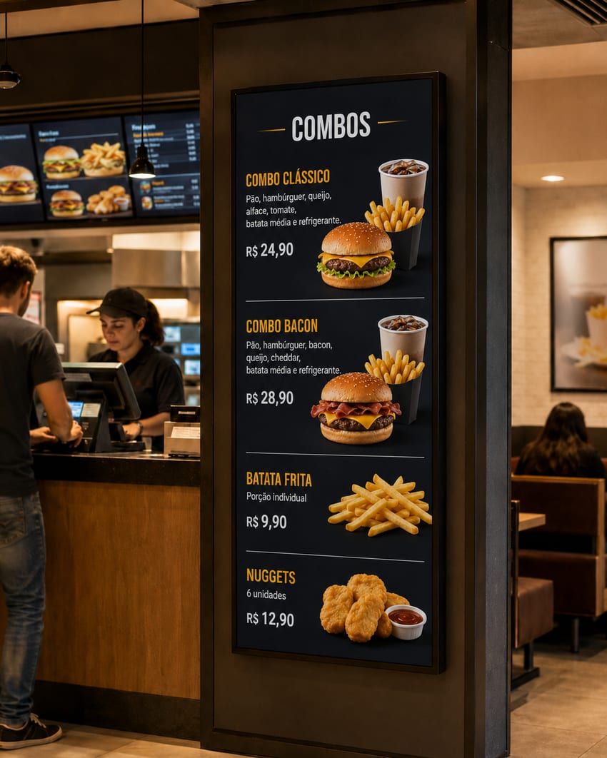 Menu board digital de uma lanchonete exibindo combos de lanche, batata e preços.
