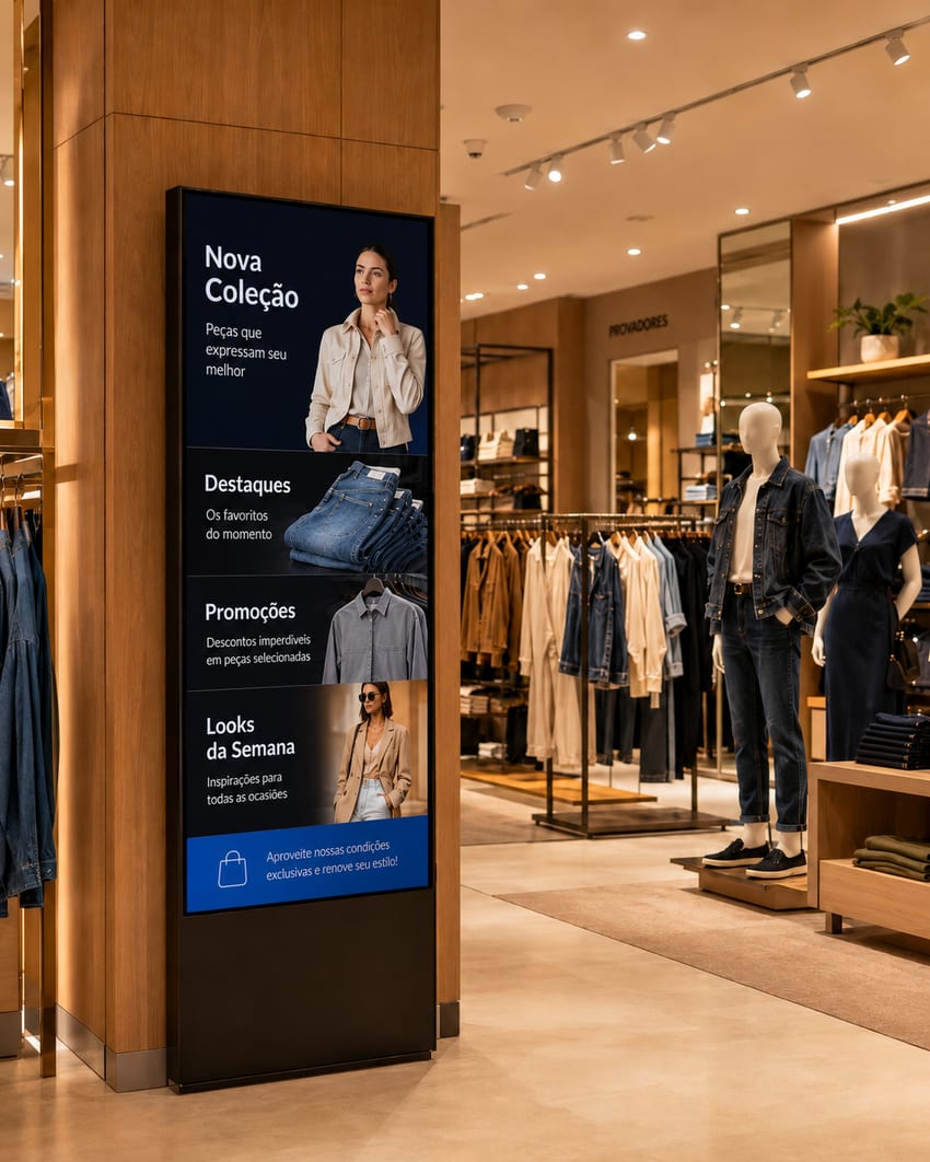 Totem digital em uma loja de roupas exibindo a nova coleção e promoções.