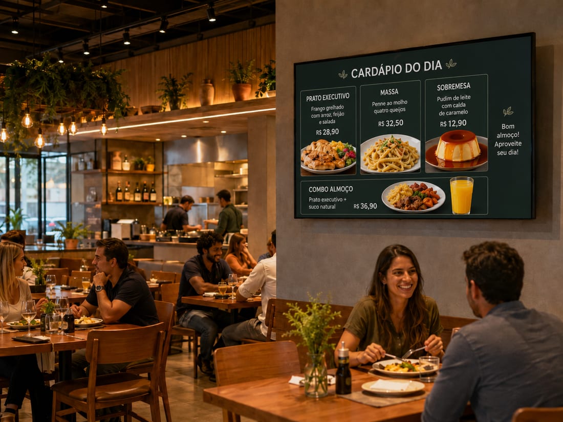 TV em um restaurante exibindo o cardápio do dia com pratos, combos e preços.