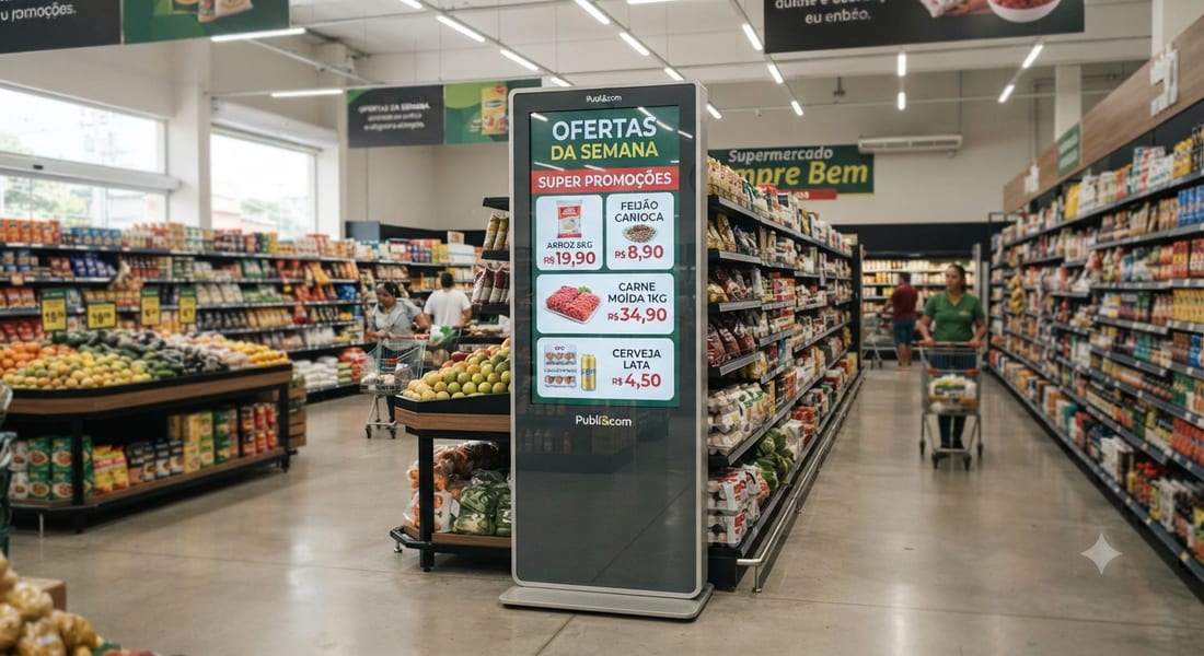 Totem digital no corredor de um supermercado exibindo as ofertas da semana.